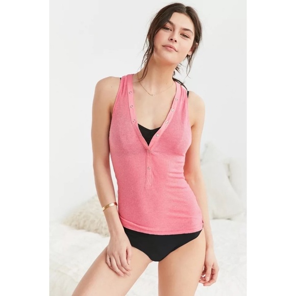 Urban Outfitters UO Rose Pink Ribbed Henley Button-Up Racerback Tank Top - Picture 1 of 6